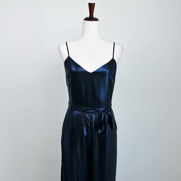 L'Agence Blue Metallic Wide Leg V-Neck Jaelyn Jumpsuit - Picture 2 of 10
